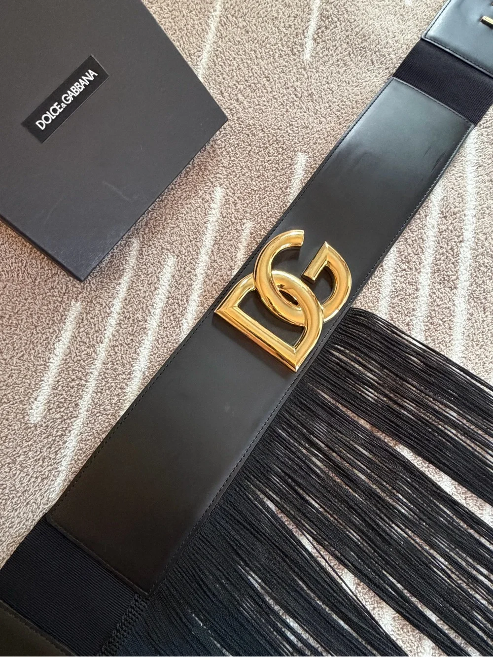 Dolce & Gabbana Runway Black Leather Fringe Belt with Gold DG Buckle